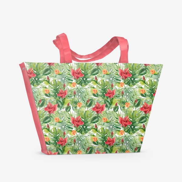 Пляжная сумка «Акварельные цветы и тропические листья»