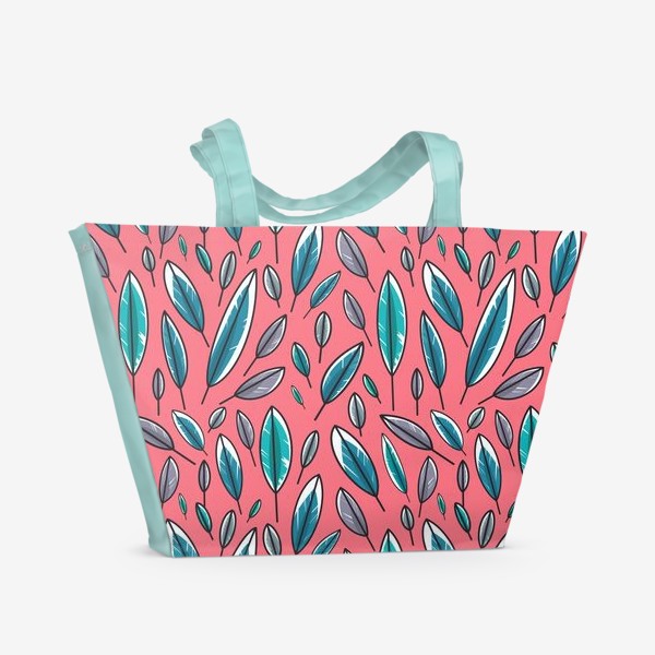 Пляжная сумка «Яркие бирюзовые и синие листья на розовом фоне. Милый паттерн »