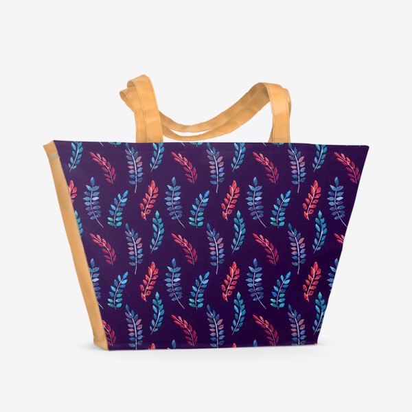 Пляжная сумка «Разноцветные акварельные веточки на синем фоне»