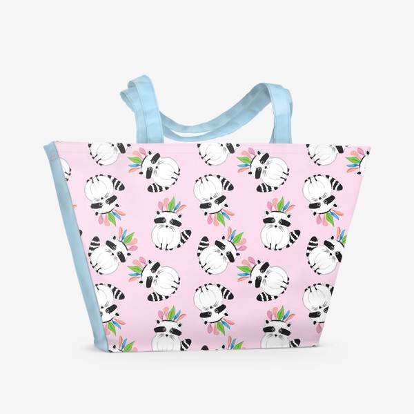 Пляжная сумка «Енот индеец на розовом фоне»