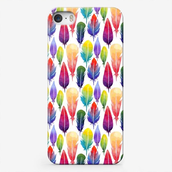 Чехол iPhone «Акварельные Перья. Узор из перышек цветов радуги.»
