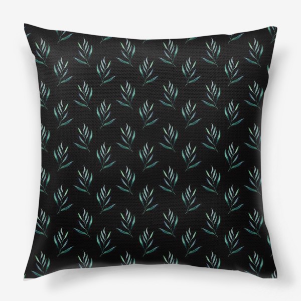 Подушка «Паттерн тропическая акварельная зелень на чёрном фоне»