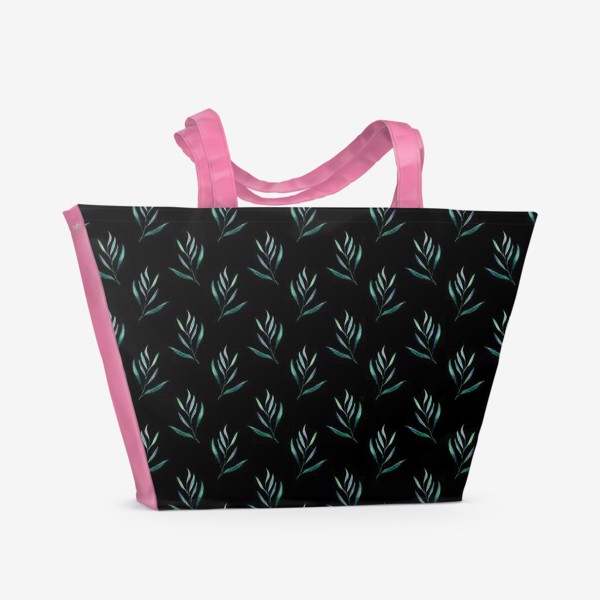Пляжная сумка «Паттерн тропическая акварельная зелень на чёрном фоне»