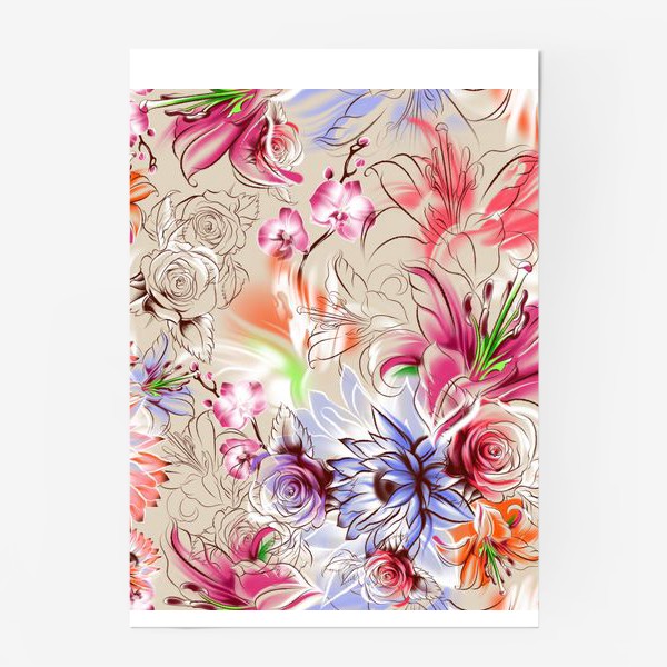 Постер «Бесшовный паттерн с лилиями, орхидеями и розами»