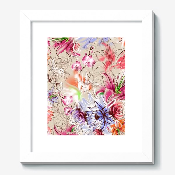 Картина «Бесшовный паттерн с лилиями, орхидеями и розами»