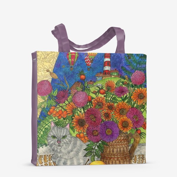 Сумка-шоппер «Серый кот и цветы»