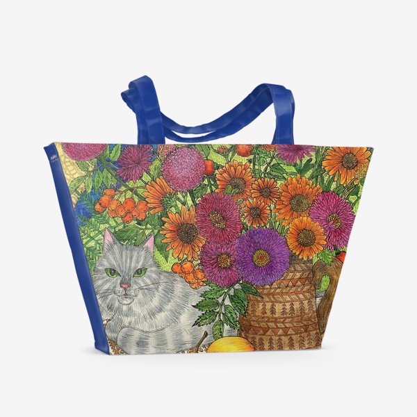 Пляжная сумка «Серый кот и цветы»