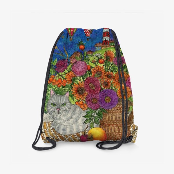 Рюкзак «Серый кот и цветы»