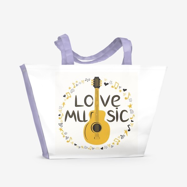 Пляжная сумка «Кантри гитара и надпись Люби музыку в скандинавском стиле»