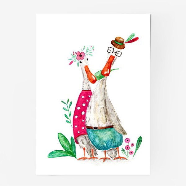 Постер «Влюбленные гуси с цветами»