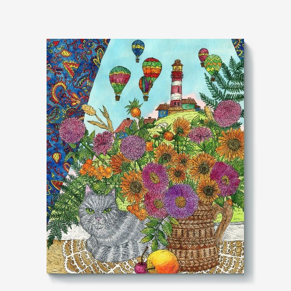 Холст «Кошка, букет цветов и воздушные шары»