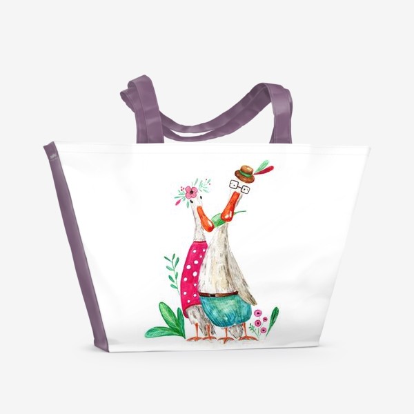 Пляжная сумка «Влюбленные гуси с цветами»