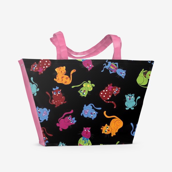 Пляжная сумка «Разноцветные коты на черном фоне»