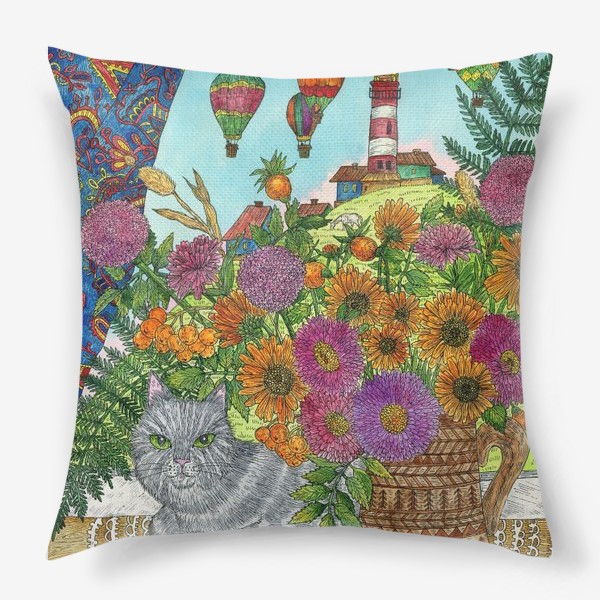Подушка «Кошка, букет цветов и воздушные шары»