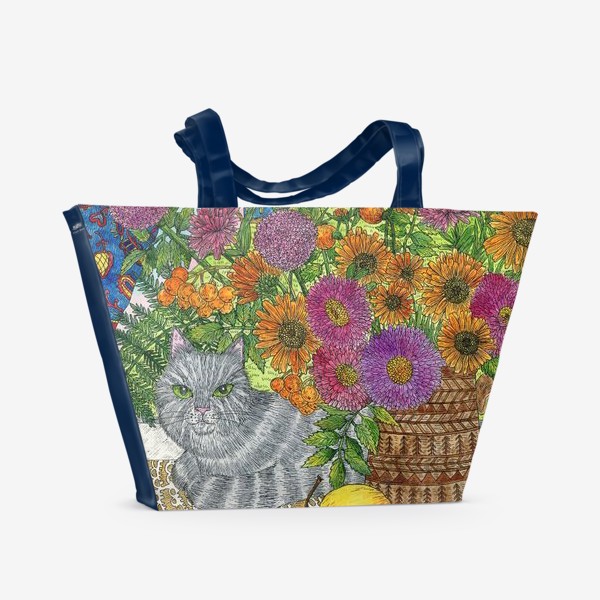 Пляжная сумка «Кошка, букет цветов и воздушные шары»
