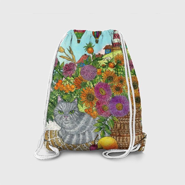 Рюкзак «Кошка, букет цветов и воздушные шары»
