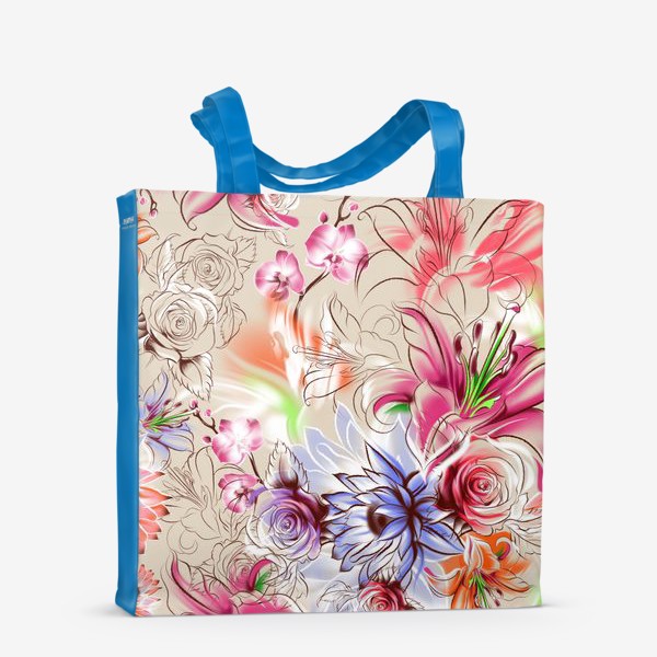 Сумка-шоппер «Бесшовный паттерн с лилиями, орхидеями и розами»