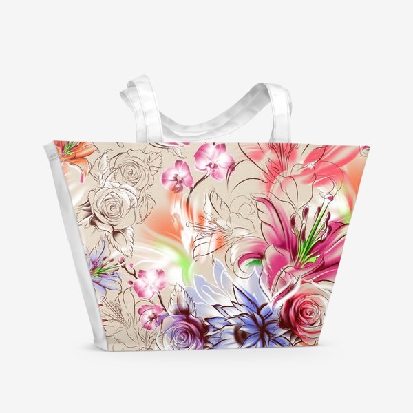 Пляжная сумка «Бесшовный паттерн с лилиями, орхидеями и розами»
