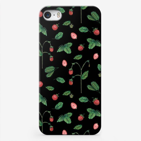 Чехол iPhone «Ягоды земляники на черном фоне Лесной узор Паттерн Пастель»