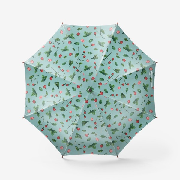 Зонт «Ягоды земляники на голубом фоне Лесной узор Паттерн Пастель»