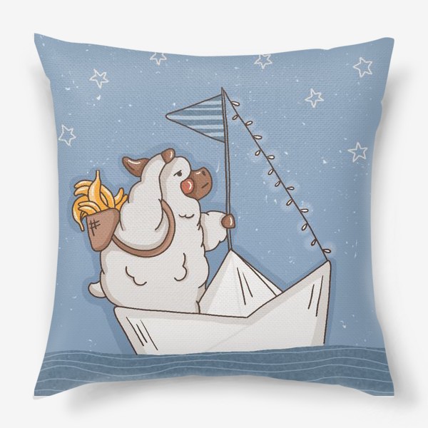 Подушка «Лама на бумажном кораблике, альпака в путешествии, море»