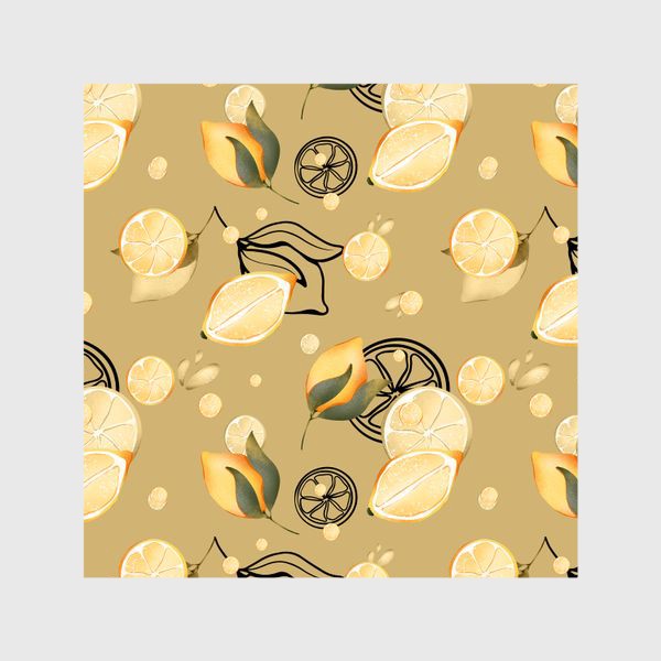 Шторы «Сочные лимоны и дольки с листьями и контуром на бежево желтом »