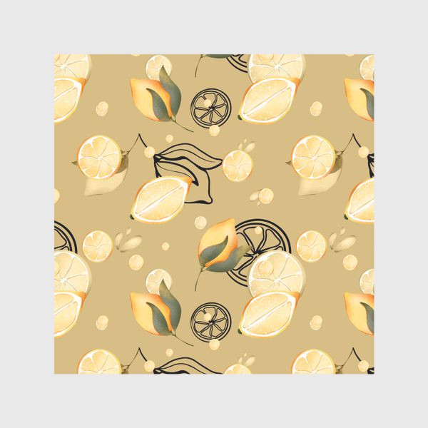 Скатерть «Сочные лимоны и дольки с листьями и контуром на бежево желтом »