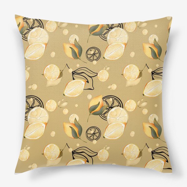 Подушка «Сочные лимоны и дольки с листьями и контуром на бежево желтом »