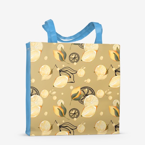 Сумка-шоппер «Сочные лимоны и дольки с листьями и контуром на бежево желтом »