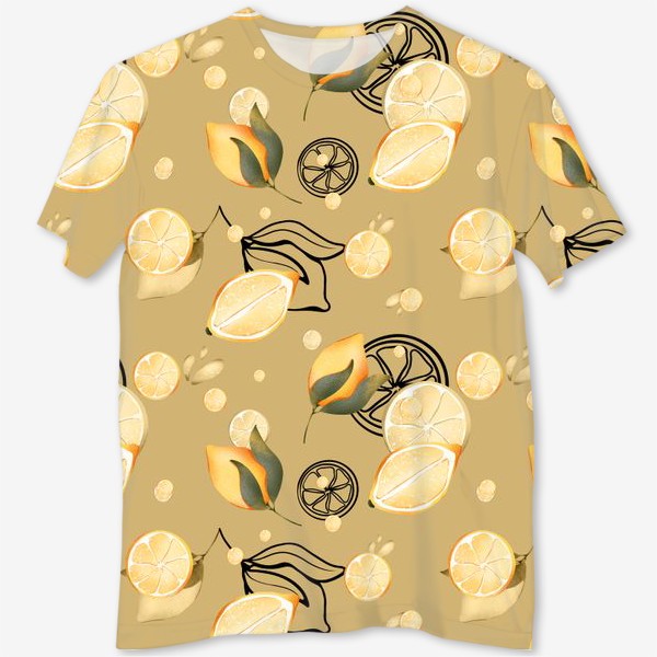 Футболка с полной запечаткой «Сочные лимоны и дольки с листьями и контуром на бежево желтом »