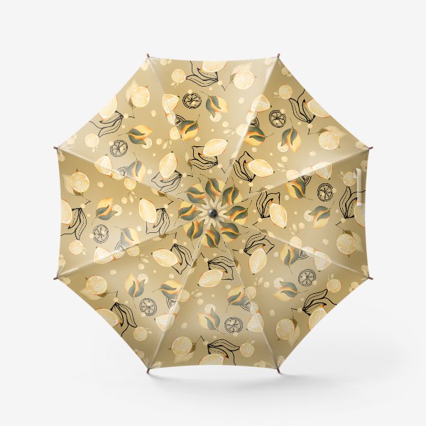 Зонт «Сочные лимоны и дольки с листьями и контуром на бежево желтом »
