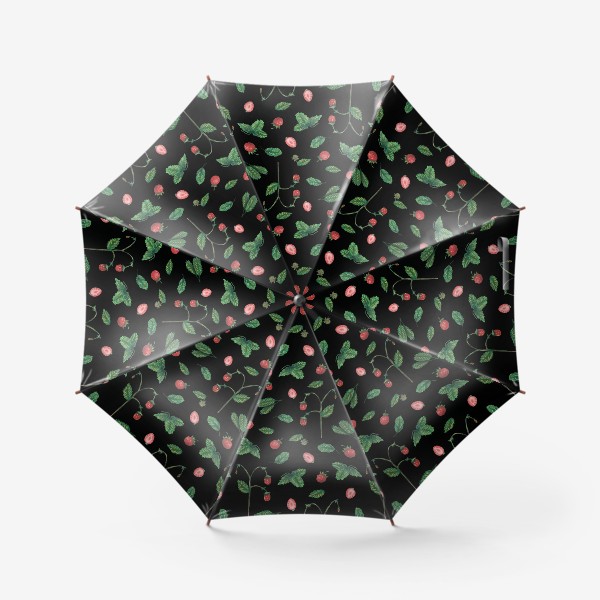 Зонт «Ягоды земляники на черном фоне Лесной узор Паттерн Пастель»