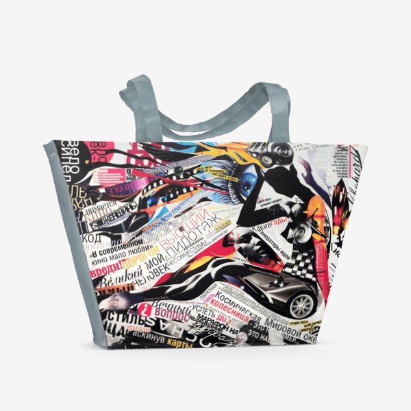 Пляжная сумка «Коллаж с девушкой, газетные заголовки, вырезки из журналов»