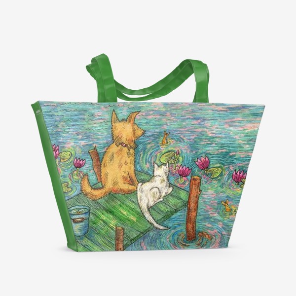 Пляжная сумка «Собака и кот у причала»