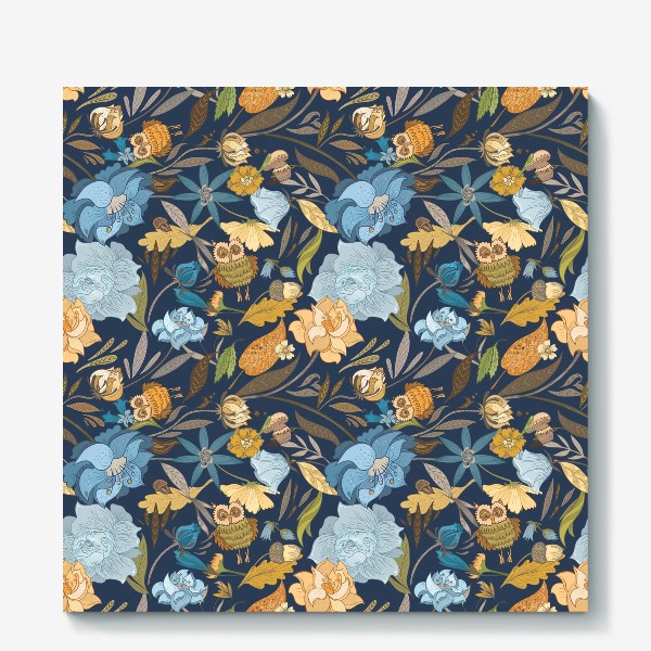 Холст «Лесной осенний паттерн с совами и голубыми цветами на синем фоне»