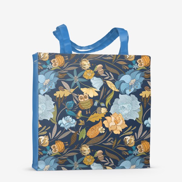 Сумка-шоппер &laquo;Лесной осенний паттерн с совами и голубыми цветами на синем фоне&raquo;