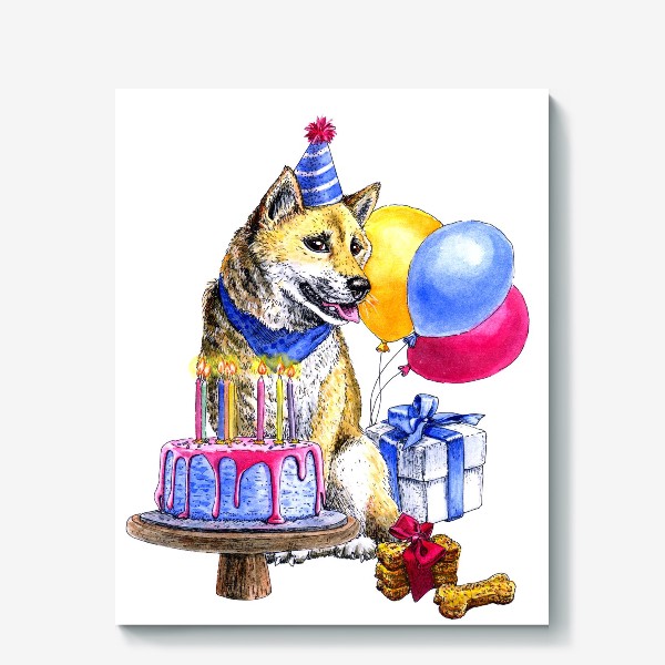 Холст &laquo;Собака акиту ину празднует день рождения&raquo;