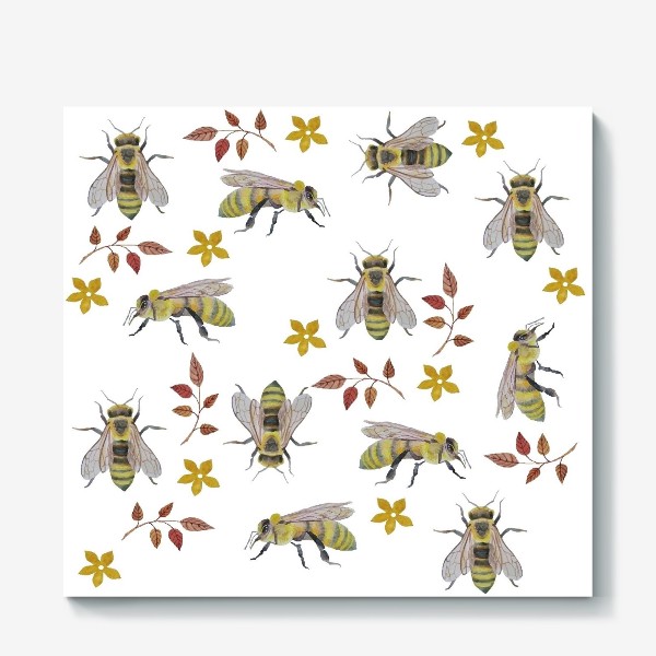 Холст «Паттерн с пчелами на белом фоне»