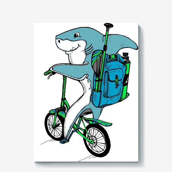 Холст «Акула на велосипеде со снаряжением для сап серфинга»