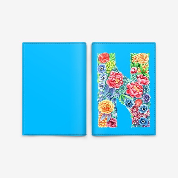 Обложка для паспорта «Цветочный алфавит. Буква N на голубом фоне»