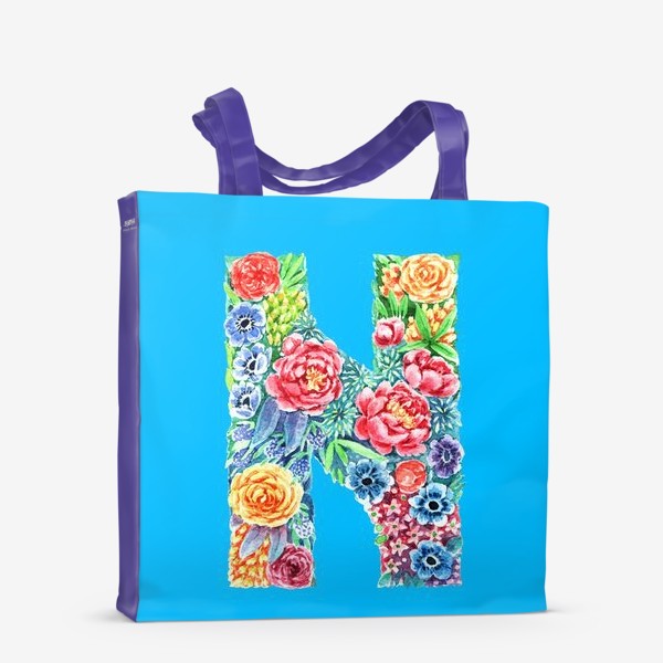 Сумка-шоппер «Цветочный алфавит. Буква N на голубом фоне»