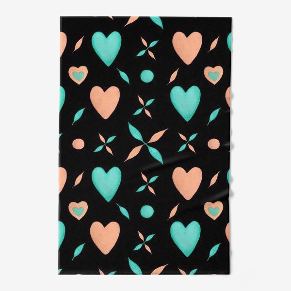 Полотенце «Мятные и персиковые сердечки на черном фоне Паттерн Оригинальный узор»