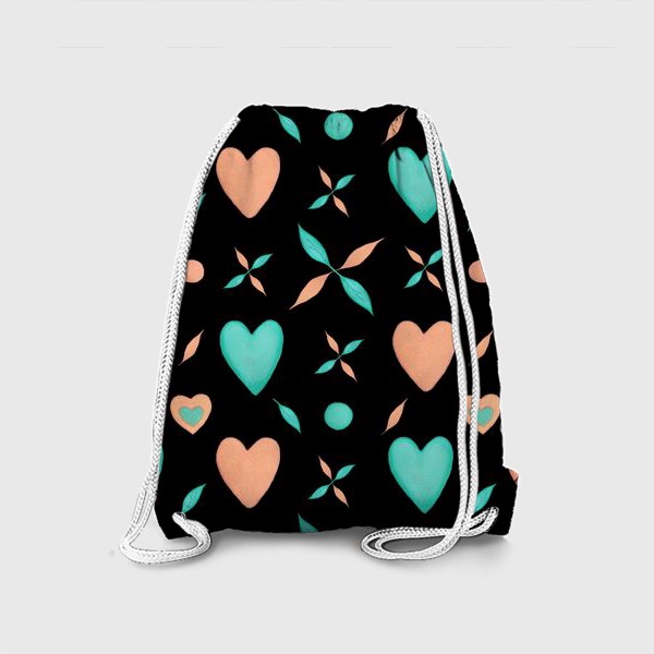 Рюкзак «Мятные и персиковые сердечки на черном фоне Паттерн Оригинальный узор»
