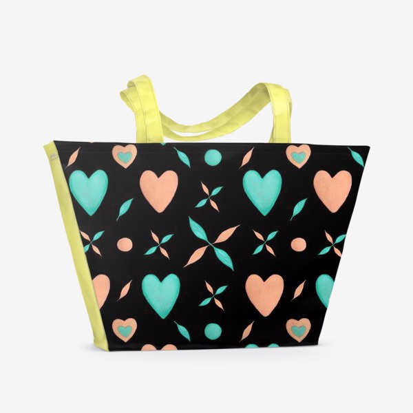 Пляжная сумка «Мятные и персиковые сердечки на черном фоне Паттерн Оригинальный узор»