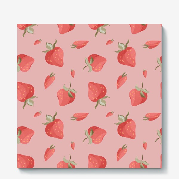 Холст «Сладкие яркие ягоды клубники сердечки паттерн на розовом»
