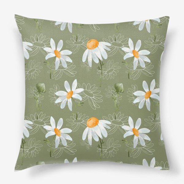 Подушка «Милые цветы ромашки с контуром паттерн на зеленом»