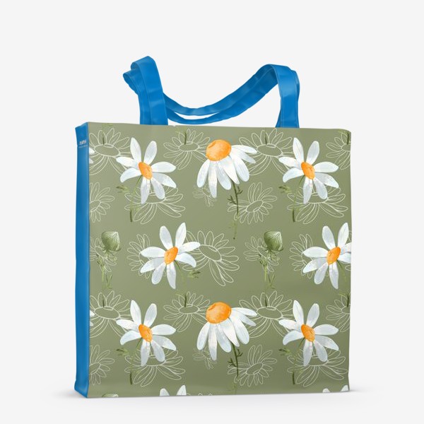 Сумка-шоппер «Милые цветы ромашки с контуром паттерн на зеленом»