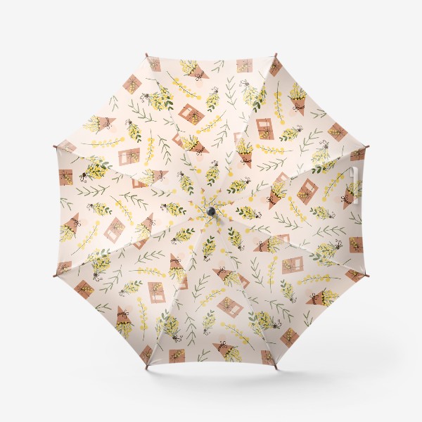 Зонт «Весенний паттерн веточки мимоз и подарочная коробка на бежево розовом»