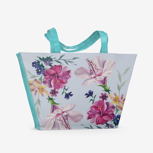 Пляжная сумка «Акварельные букеты цветов на сером фоне»
