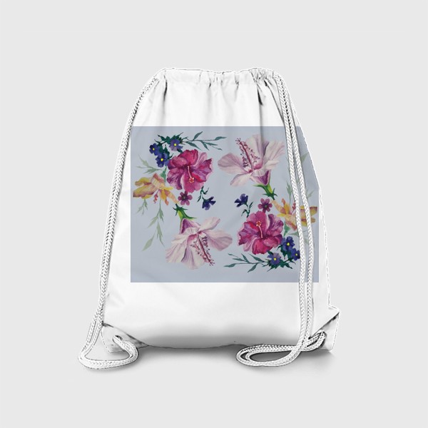 Рюкзак «Акварельные букеты цветов на сером фоне»